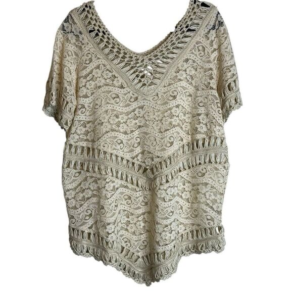 Embroidered Lace Crochet Short Sleeve Ivory Blouse Top Cami Sz S Boho Y2K Retro - Picture 1 of 7